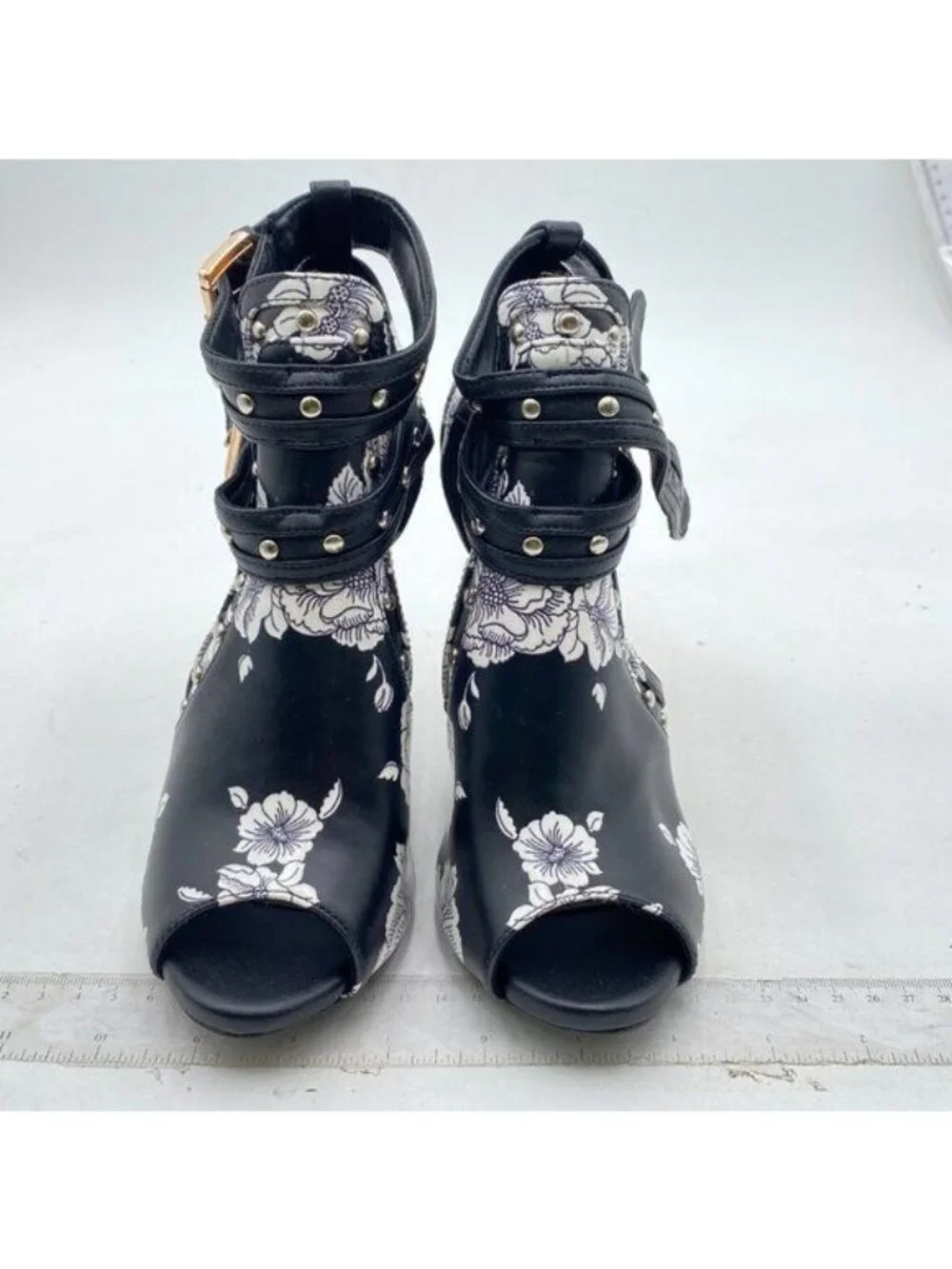 XYD Women Peep Toe Ankle Bootie High Heels Buckled Double Straps Cutout Flower